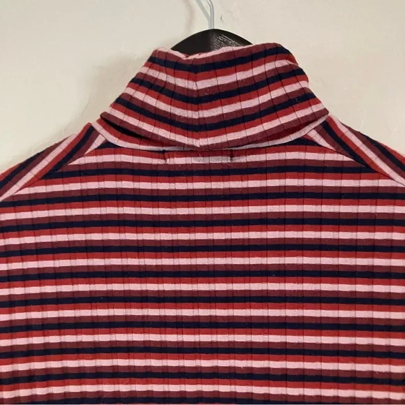 Madewell Red Multicolor Long Sleeve Striped Ribbed Stretch Turtleneck Top Sz S - Picture 10 of 12